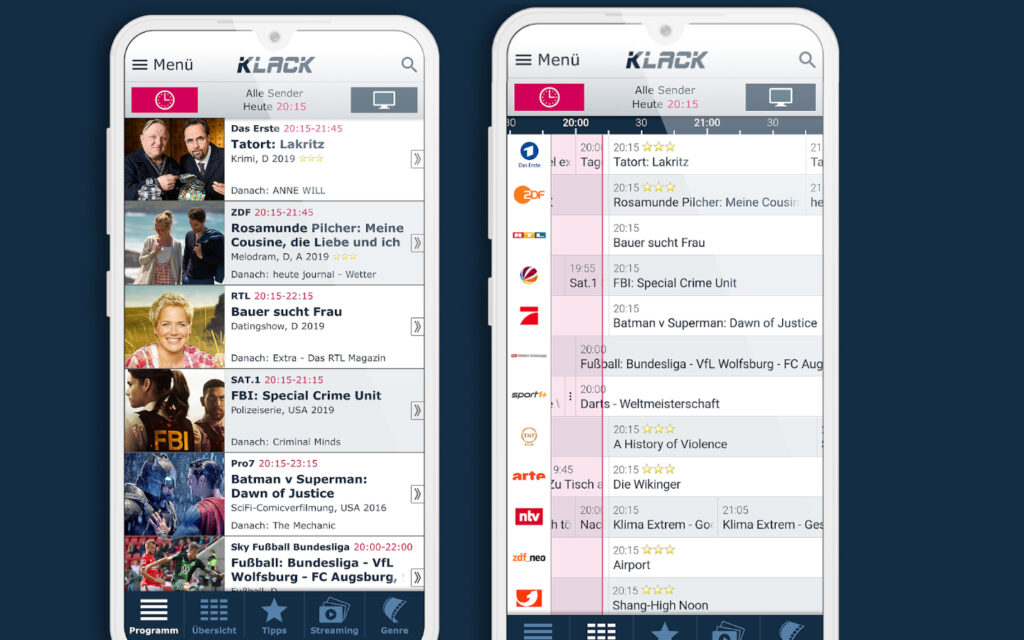 TV Programm online kostenlos: Die besten Fernsehprogramm-Websites & Apps im Vergleich 8 TV Programm online kostenlos App Klack