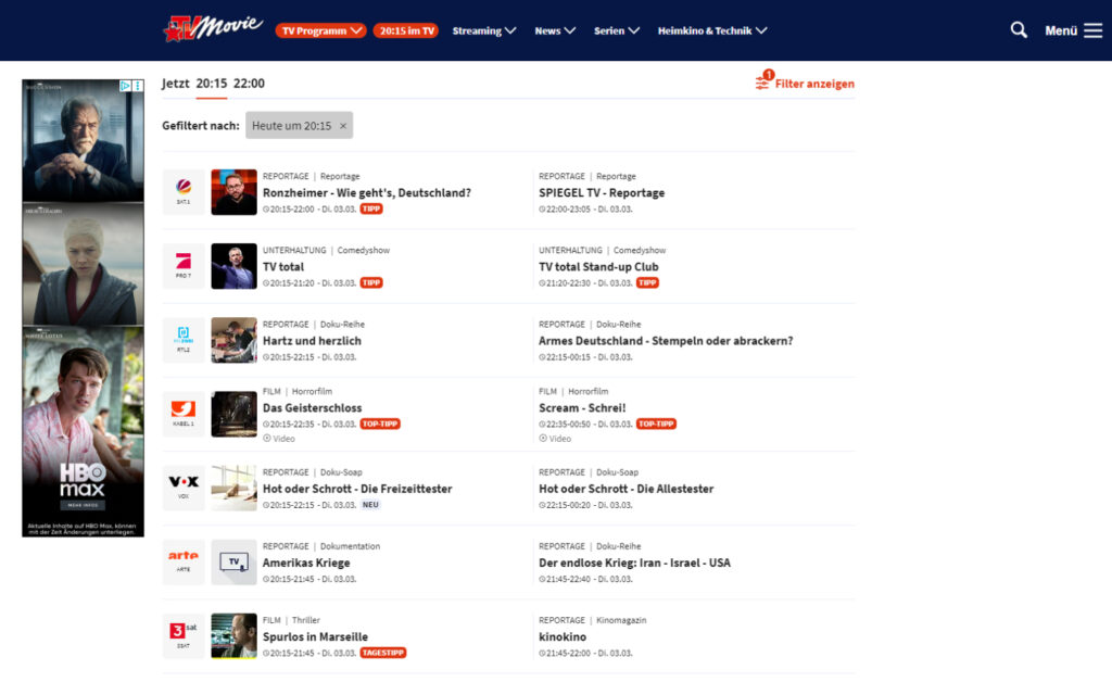 TV Programm online kostenlos: Die besten Fernsehprogramm-Websites & Apps im Vergleich 3 TV Programm online kostenlos Web TVMovie