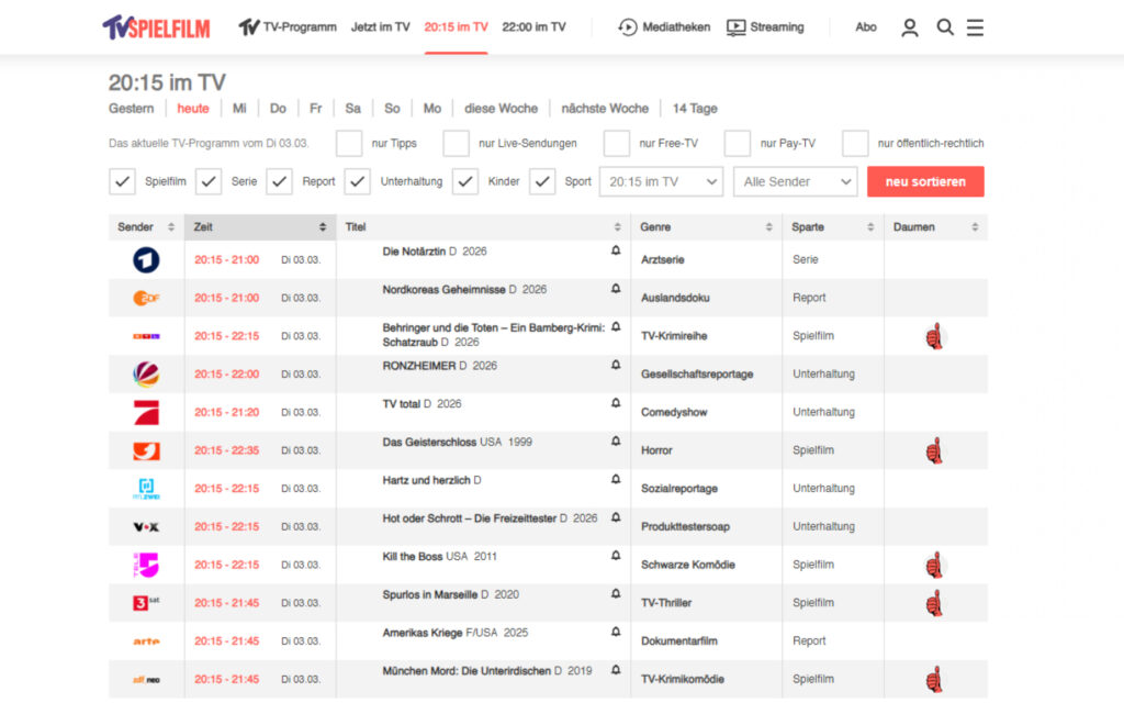 TV Programm online kostenlos: Die besten Fernsehprogramm-Websites & Apps im Vergleich 2 TV Programm online kostenlos Web TVSpielfilm