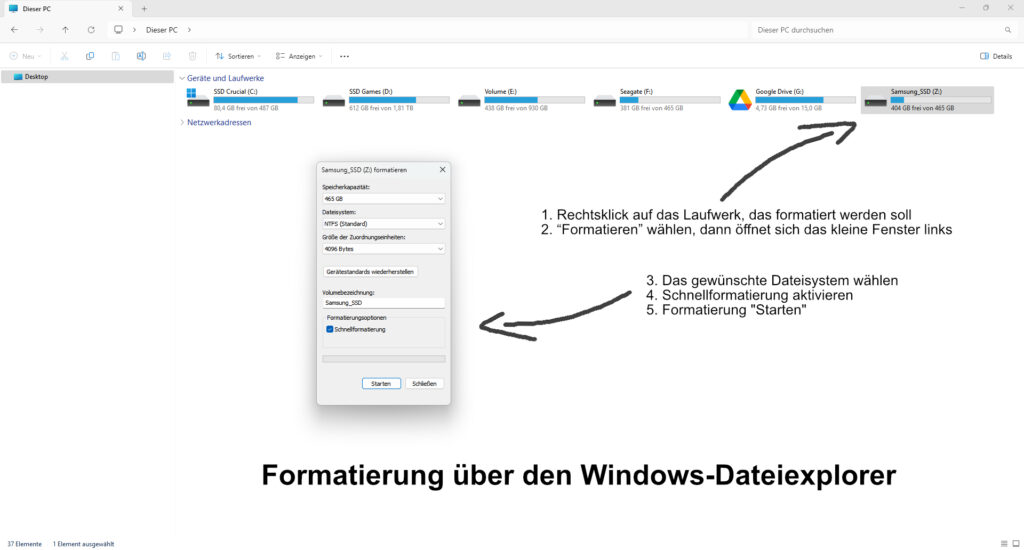 SSD-Festplatte (Solid State Drive) formatieren unter Windows 11 2 SSD in Windows 11 formatieren, Formatierung über den Windows-Dateiexplorer