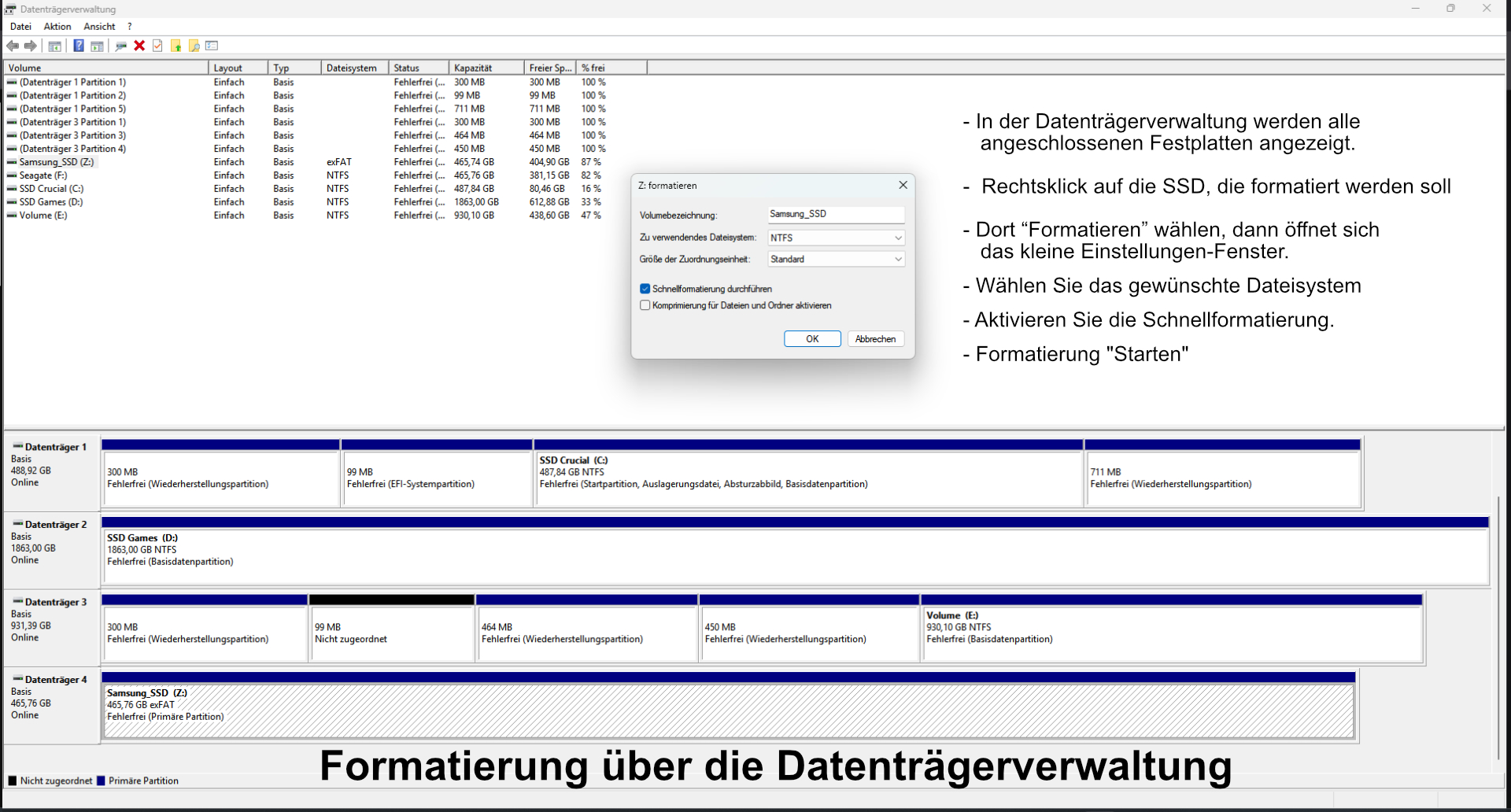 SSD-Festplatte (Solid State Drive) formatieren unter Windows 11 3 SSD-Festplatte (Solid State Drive) formatieren unter Windows 11, Formatierung über die Datenträgerverwaltung